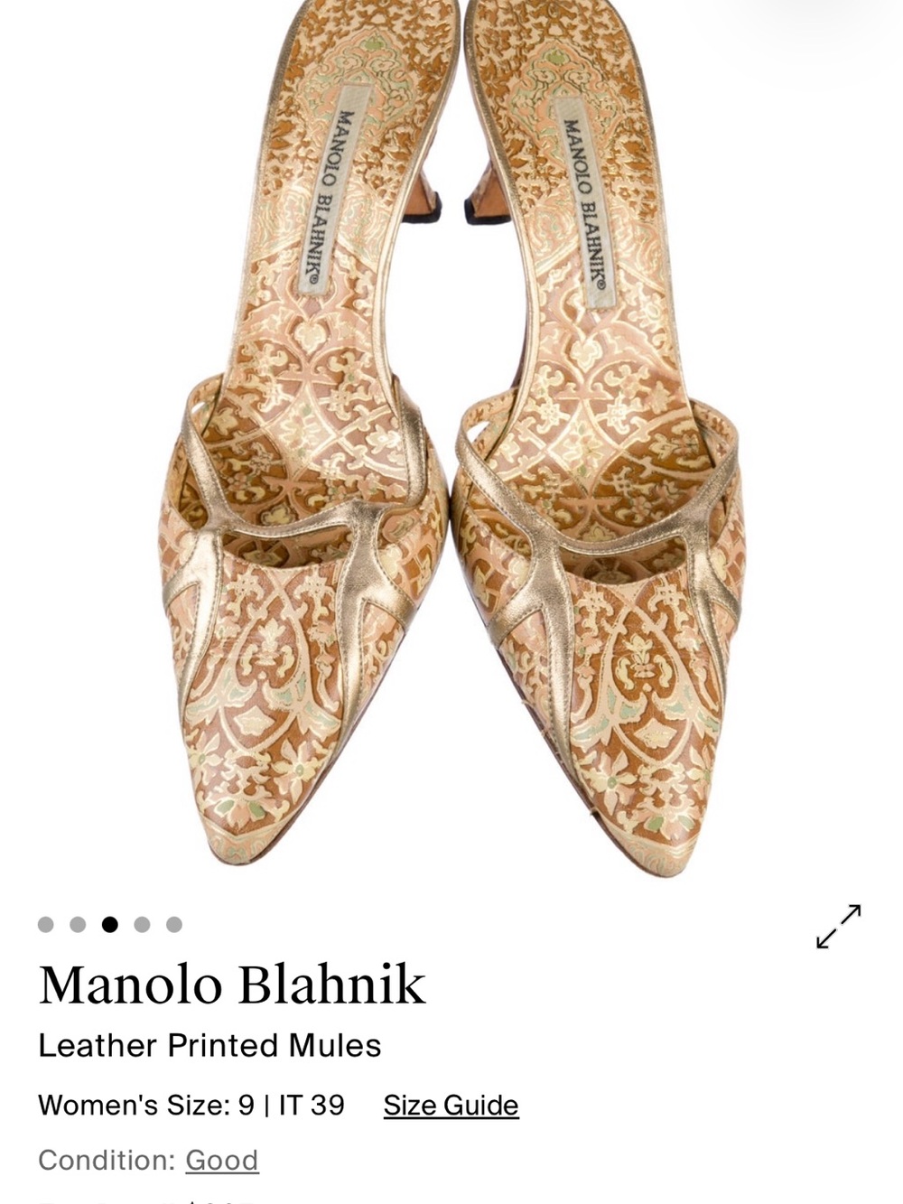 Manolo Blahnik Metallic Gold Printed Pointed-Toe Mules